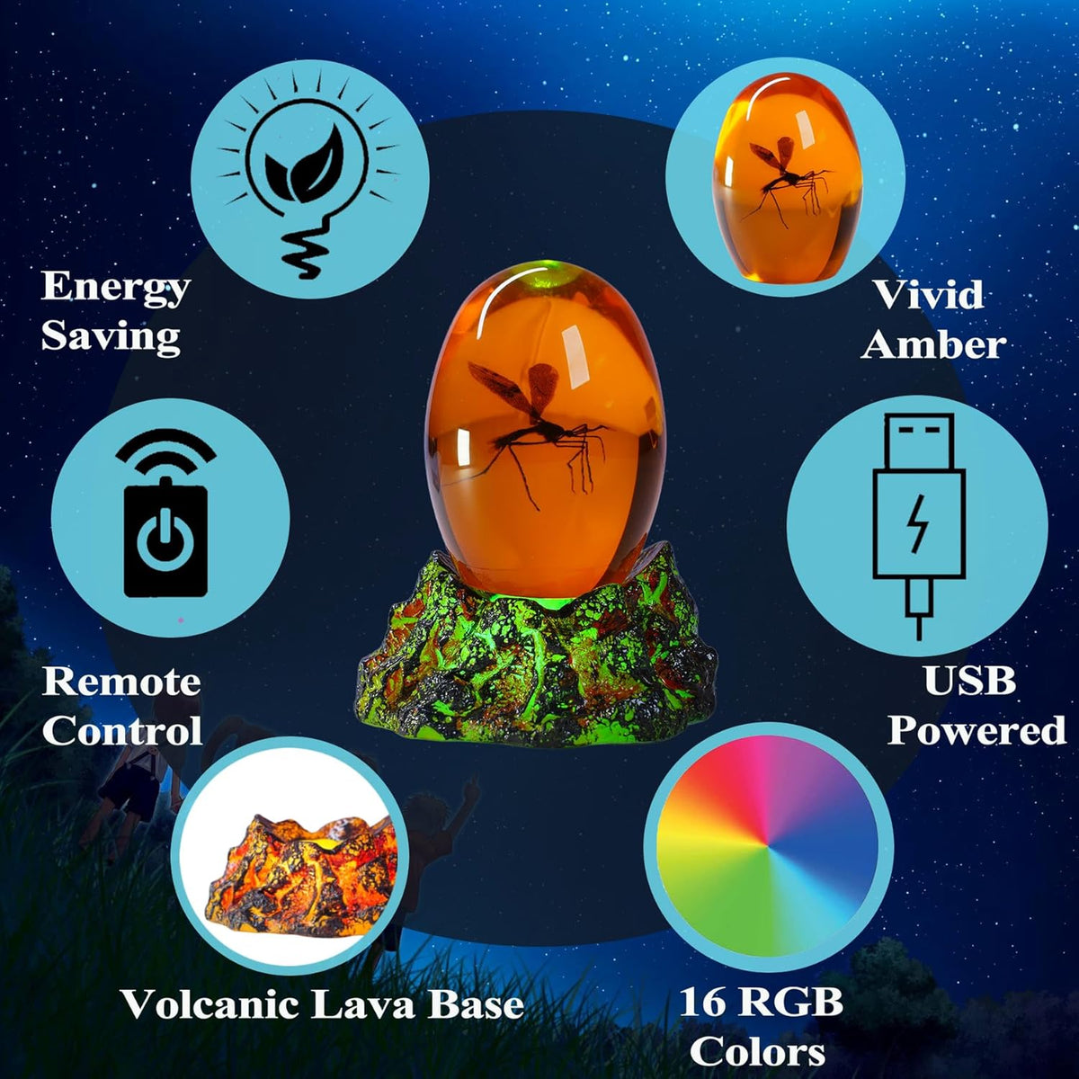 Jurassic 3D Mosquito in Amber Resin, Mosquito Resin with Volcanic Lava Lamp Base with Remote 16 Colors Flashing RGB Dimmable, True 3D 3.3 Inches Tall Dinosaur DNA Replica Paper Weight Gifts