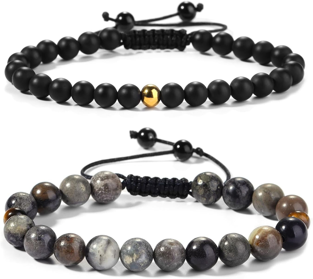 Black Beaded Bracelets for Men Boys: 6Mm Obsidian Onyx Lava Beads Mens Bracelet Set Mens Jewelry - Cool Anniversary Valentines Fathers Birthday Gifts for Him Boyfriend Husband Man Son Dad