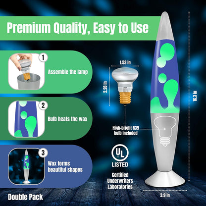 2 Pack- 16" Beautiful Lamp- Silver with Yellow/Green Wax and Blue with Blue/White Wax, Relaxing Liquid Lamp, Night Light Nightlight, Lamps for Adults Teens Kid